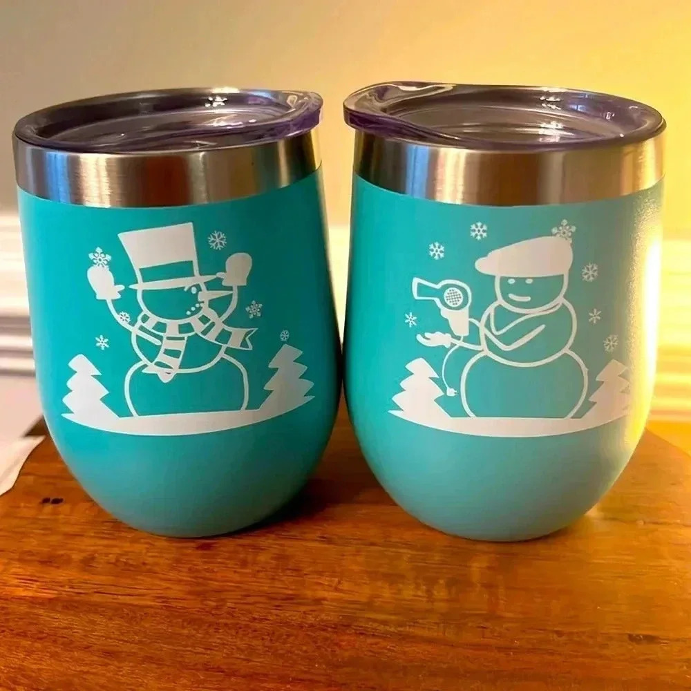 Set of 2 Teal Snowman Insulated Wine Tumblers with Lids - Holiday Cheer!